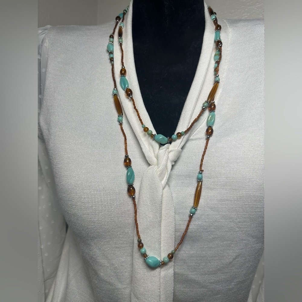 Vintage Brown Aqua Bead Multi Strand Matinee Necklace